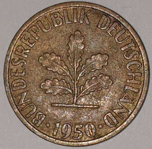 1950 F - 5 PFENNIG - FIVE PFENNIG - GERMANY - FEDERAL REPUBLIC - (Brass Clad Steel)
